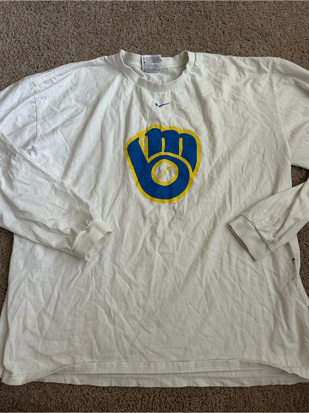 Nike White Milwaukee Brewers Long Sleeve Tee with Small Swoosh Tag